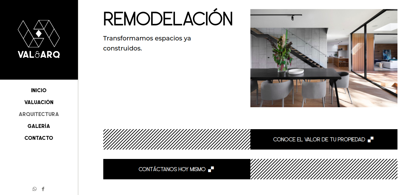 VAL.ARQ website design with black and white palette